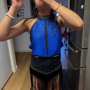 Blue and Black Dance Costume with Fringe
